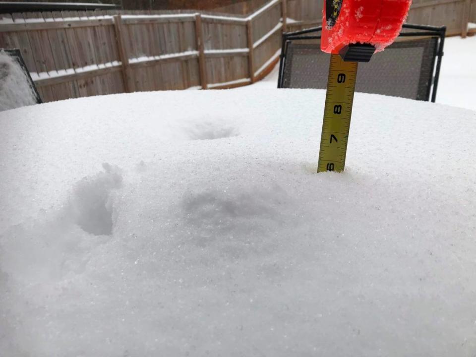 Jason Belanger, of Duncan, S.C., measures six inches of snow on a table in his yard on Sunday, Jan. 16, 2022 as a winter storm brought snow and ice to the state.