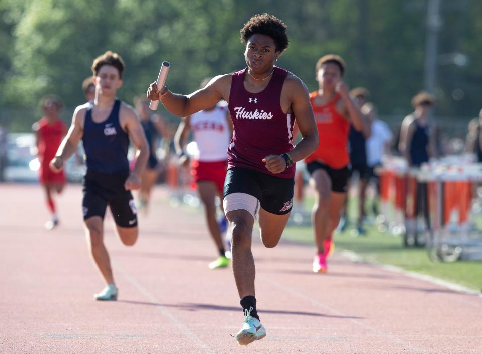 Monmouth County Relays track meet takes place at Middletown North. Matawan wins the 4x200 race, anchor runner Jayson Ellis. 
Middletown, NJ
Thursday, May 2, 2024