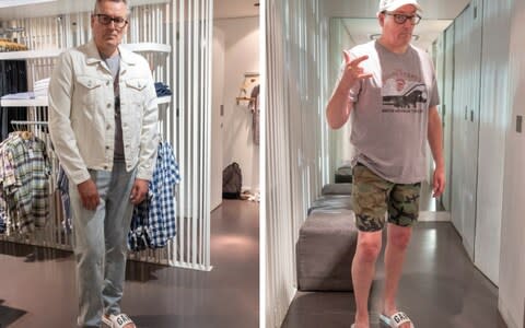 Summer shopping in gap: Tim tries double denim (left), and a vintage tee with cargo shorts and pool sides - Credit: Heathcliffe O'Malley