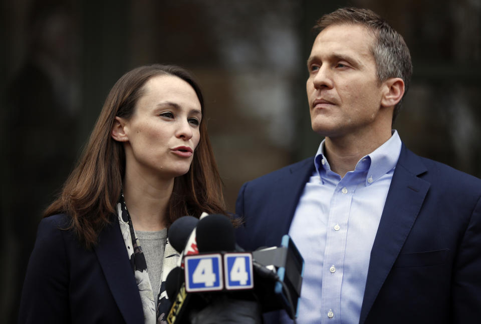 FILE - Missouri Governor-elect Eric Greitens and his wife Sheena speak to the media Tuesday, Dec. 6, 2016, in St. Louis. The judge in the child custody case involving the former Missouri governor ruled that it should move to Texas because his two sons now spend most of their time there, and to better protect the boys from public scrutiny, according to a court document obtained Thursday, Sept. 8, 2022, by The Associated Press. The ruling issued in August 2022 but sealed in Missouri also noted that contrary to allegations levied by Sheena Greitens, there was “no pattern of domestic violence by either Mother or Father.” (AP Photo/Jeff Roberson, File)