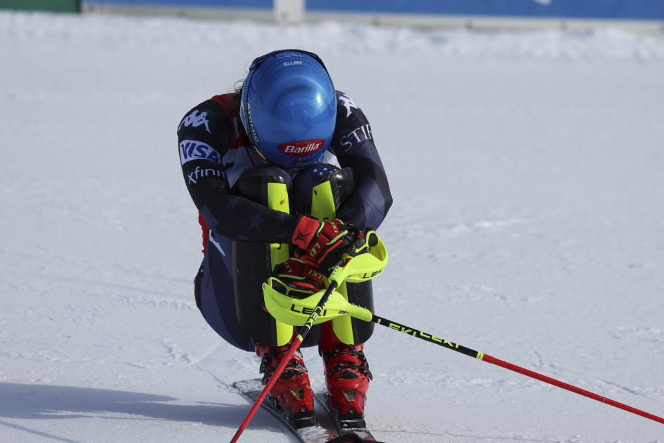 United States' Mikaela Shiffrin reacts after winning an alpine ski, women's World Cup slalom, in Are, Sweden, Saturday, March 11, 2023. (AP Photo/Alessandro Trovati)