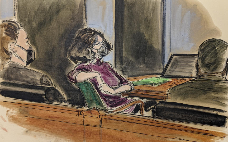 FILE - In this courtroom sketch, Ghislaine Maxwell, center, sits in the courtroom during a discussion about a note from the jury, during her sex trafficking trial, Wednesday, Dec. 29, 2021, in New York. (AP Photo/Elizabeth Williams, File)