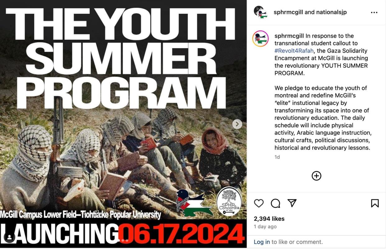 <span>A post advertising the McGill Gaza solidarity encampment’s ‘youth summer program’.</span><span>Photograph: Instagram</span>