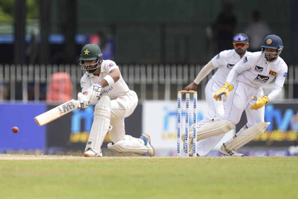 Pakistan's Abdullah Shafique plays a shot during the third day of the second cricket test match between Sri Lanka and Pakistan in Colombo, Sri Lanka on Wednesday, Jul. 26. (AP Photo/Eranga Jayawardena)