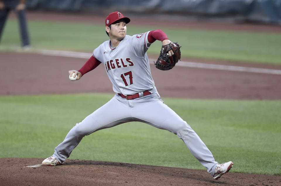 BALTIMORE, MARYLAND - AUGUST 25: Shohei Ohtani #17 of the Los Angeles Angels pitches in the first inning against the Baltimore Orioles at Oriole Park at Camden Yards on August 25, 2021 in Baltimore, Maryland. (Photo by Greg Fiume/Getty Images)