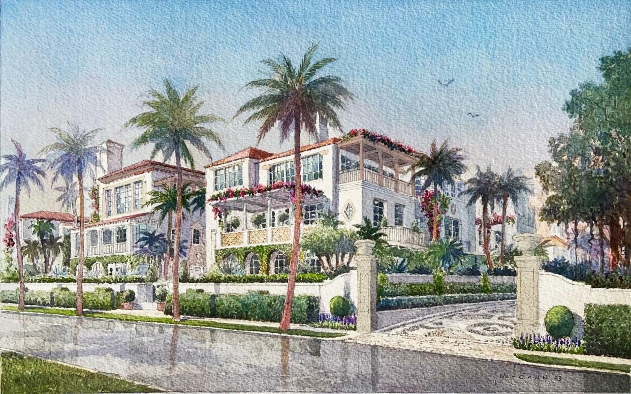 Looking northwest along Royal Palm Way, this concept rendering depicts three-story multi-family buildings proposed as part of a redevelopment project at the Wells Fargo Bank site in Midtown Palm Beach.