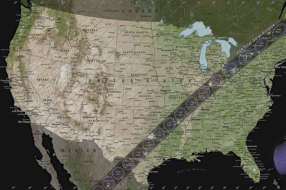 The solar eclipse 2024 path of totality crossing the United States