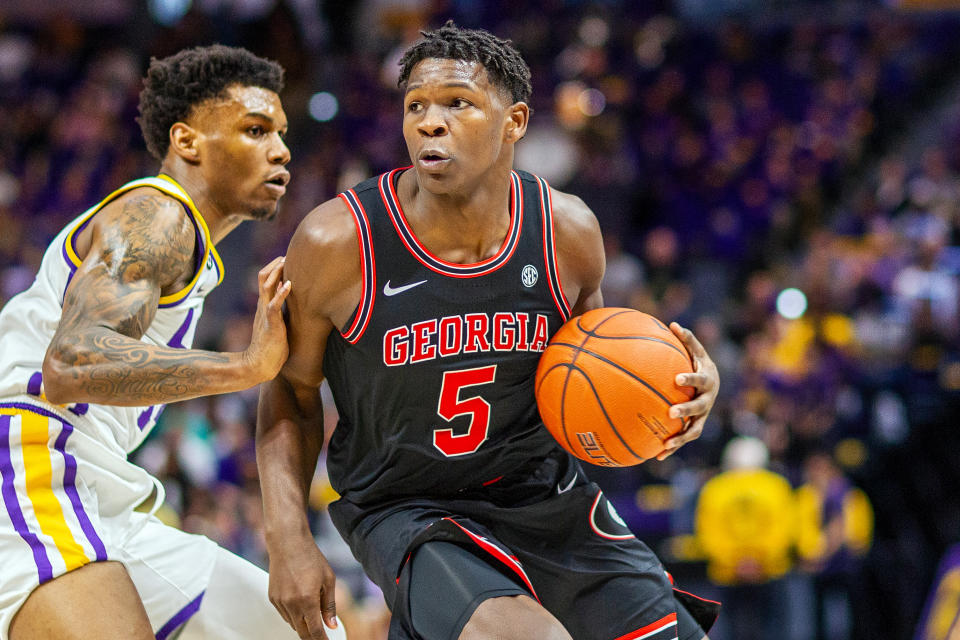 BATON ROUGE, LA - MARCH 07: Georgia Bulldogs guard Anthony Edwards (5) dribbles the ball the ball during a game between the Georgia Bulldogs and the LSU Tigers at the Pete Maravich Assembly Center in Baton Rouge, Louisiana on March 7, 2020. (Photo by John Korduner/Icon Sportswire via Getty Images)