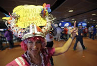 Houston Texans fan, who calls herself Patty Thehornscream, celebrates after the Houston Texans drafted South Carolina defensive end Jadeveon Clowney as the number one pick in the first round of NFL draft Thursday, May 8, 2014, in Houston. (AP Photo/David J. Phillip)