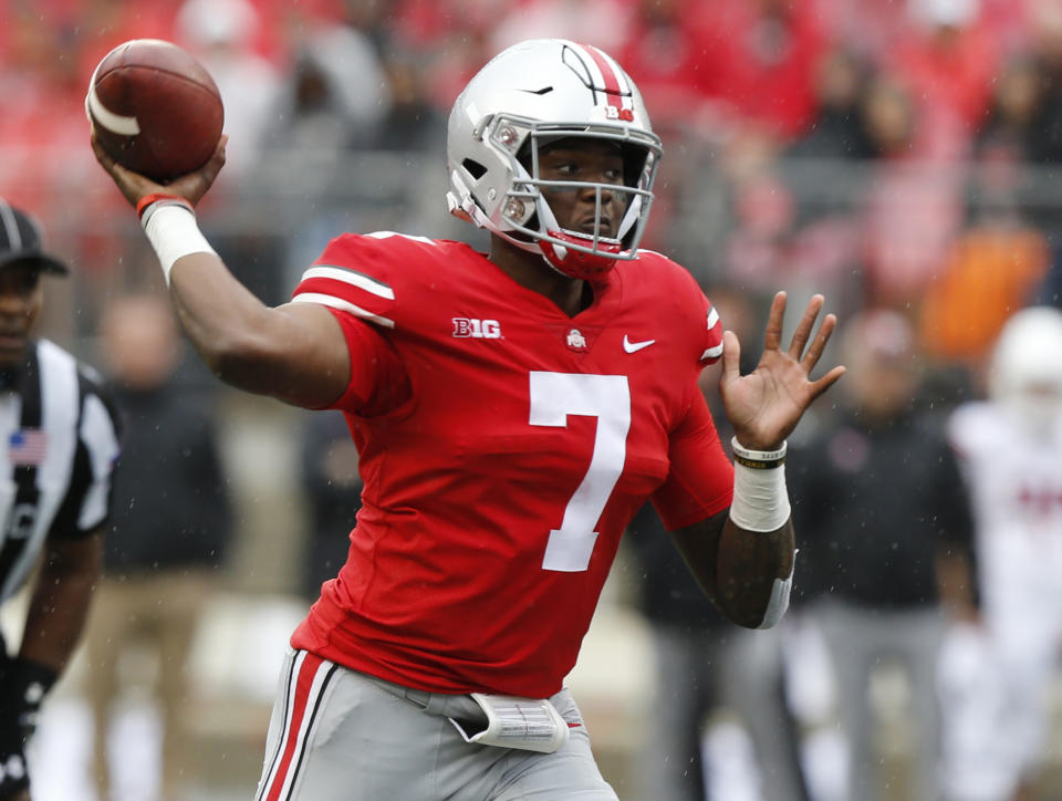 Ohio State quarterback Dwayne Haskins drops back to pass against Rutgers during the first half of an NCAA college football game Saturday, Sept. 8, 2018, in Columbus, Ohio. (AP Photo/Jay LaPrete)