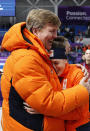 <p>Gold medallist Ireen Wust of Netherlands, right, is hugged by Dutch King Willem-Alexander after the women’s 1,500 meters speedskating race at the Gangneung Oval at the 2018 Winter Olympics in Gangneung, South Korea, Monday, Feb. 12, 2018. (AP Photo/Vadim Ghirda) </p>