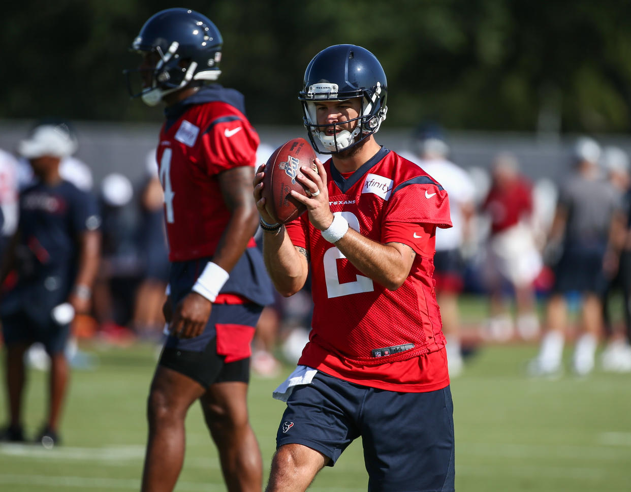 Jul 25, 2019; Houston, TX, USA; Houston Texans quarterback AJ McCarron (2) during training camp at Houston Methodist Training Center. Mandatory Credit: Troy Taormina-USA TODAY Sports