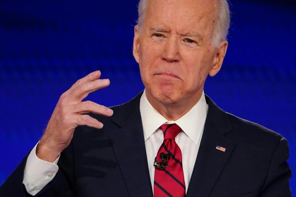 Democratic presidential hopeful former US vice president Joe Biden makes a point as he and Senator Bernie Sanders take part in the 11th Democratic Party 2020 presidential debate in a CNN Washington Bureau studio in Washington, DC on March 15, 2020. (Photo by Mandel NGAN / AFP) (Photo by MANDEL NGAN/AFP via Getty Images)