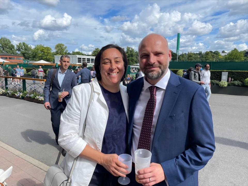 Married couple Samia Gomez, 40, and Simon Robinson, 42, celebrate British number four Katie Boulter’s win on day four at Wimbledon (Laura Parnaby/PA) (PA Wire)