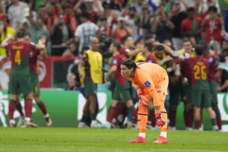 Switzerland's goalkeeper Yann Sommer reacts after Portugal's Pepe scored his side's second goal during the World Cup round of 16 soccer match between Portugal and Switzerland, at the Lusail Stadium in Lusail, Qatar, Tuesday, Dec. 6, 2022. (AP Photo/Pavel Golovkin)