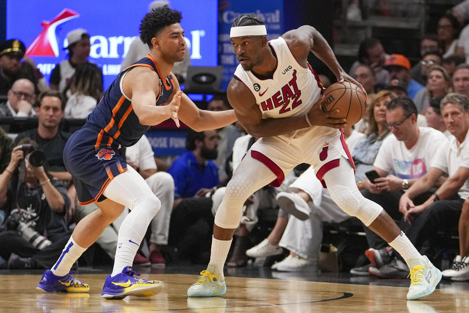 MIAMI, FLORIDA - MAY 06: Quentin Grimes #6 of the New York Knicks defends Jimmy Butler #22 of the Miami Heat during game three of the Eastern Conference Semifinals at Kaseya Center on May 06, 2023 in Miami, Florida.  NOTE TO USER: User expressly acknowledges and agrees that, by downloading and or using this photograph, User is consenting to the terms and conditions of the Getty Images License Agreement.  (Photo by Eric Espada/Getty Images)