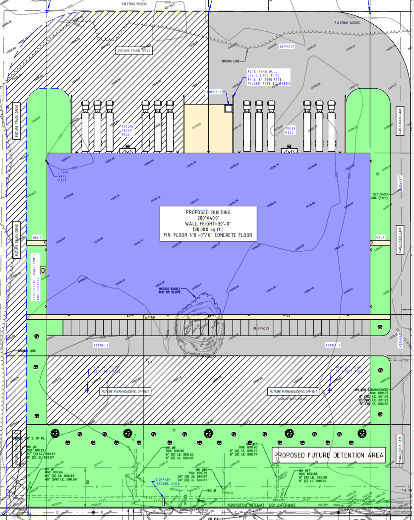 A layout from Stevens Architects shows an 80,000-square-foot warehouse with parking and current and future truck docks and lanes for Empack Spraytech on Dove Street in Port Huron.