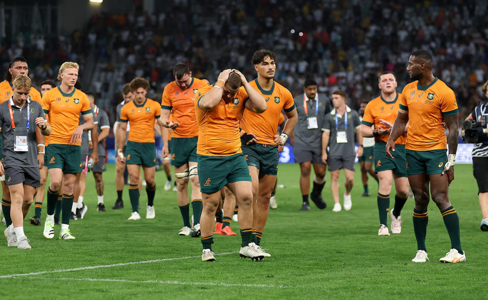 The Wallabies, pictured here after their loss to Fiji at the World Cup.