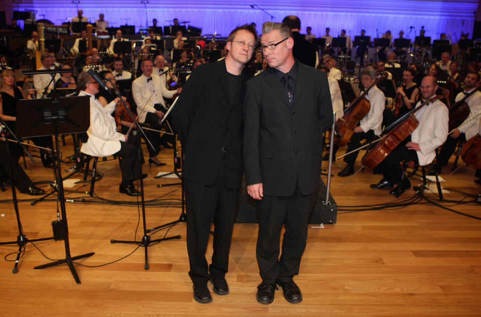 Film critic Mark Kermode (right) and Simon Mayo join the BBC Philharmonic orchestra at MediaCityUK in Salford, for the film review show on BBC Radio 5 live.   (Photo by Dave Thompson/PA Images via Getty Images)