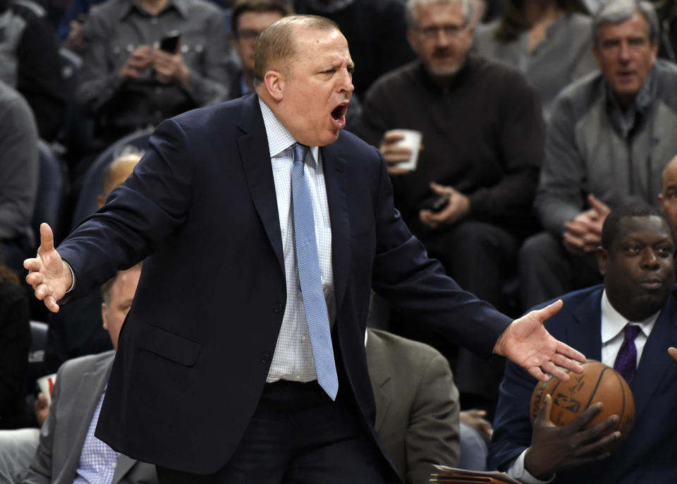 Minnesota Timberwolves coach Tom Thibodeau reacts to what he’s seeing on the court. You’re not going to believe it, but he’s not a fan. (AP)