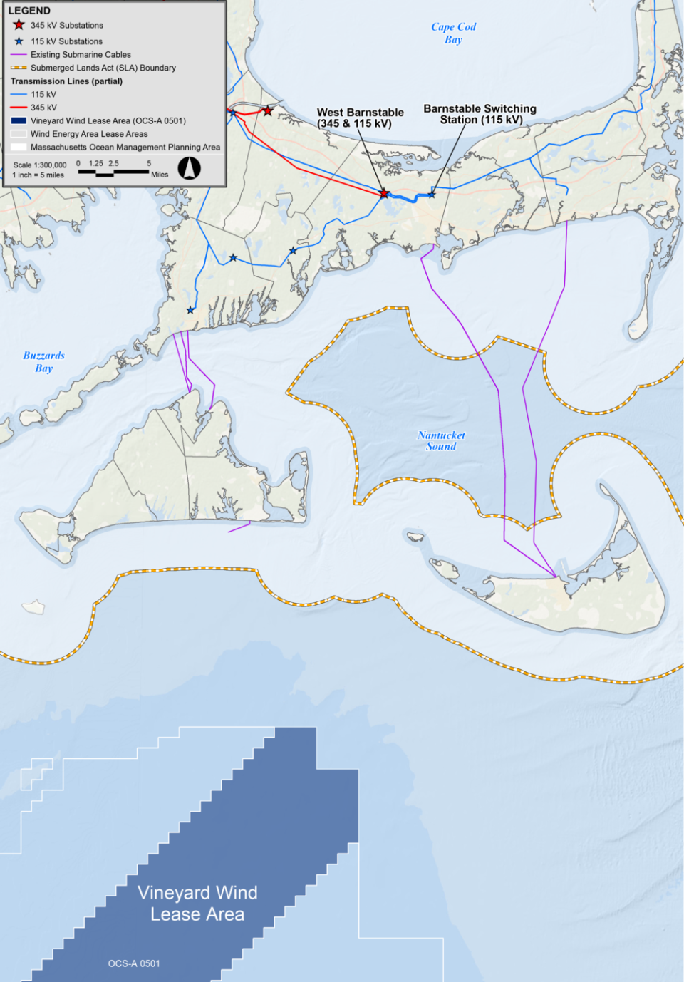 This map shows the area west of the Nantucket Shoals where the Vineyard Wind turbines will be erected; cables will run 35 miles from the Vineyard Wind lease area to Covell Beach in Barnstable, and from there to the substation in Hyannis.