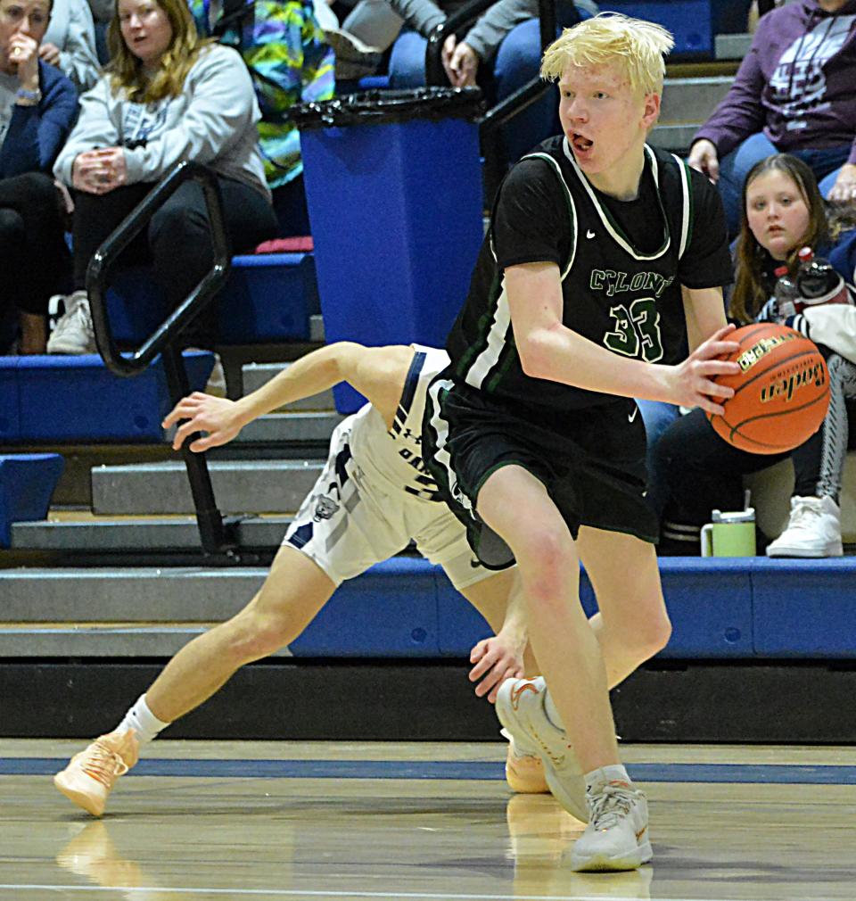 Clark-Willow Lake's Sullivan Felberg controls the ball during a Region 2A quarterfinal boys basketball game against Great Plains Lutheran on Tuesday, Febg. 27, 2024 in Watertown. Clark-Willow Lake pulled away in the fourth quarter for a 51-39 win.