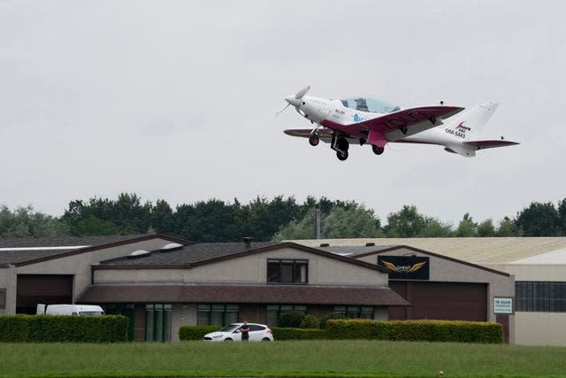 Belgian-British teenager Zara Rutherford takes off in her Shark Ultralight plane at the Kortrijk-Wevelgem airfield in Wevelgem, Belgium 