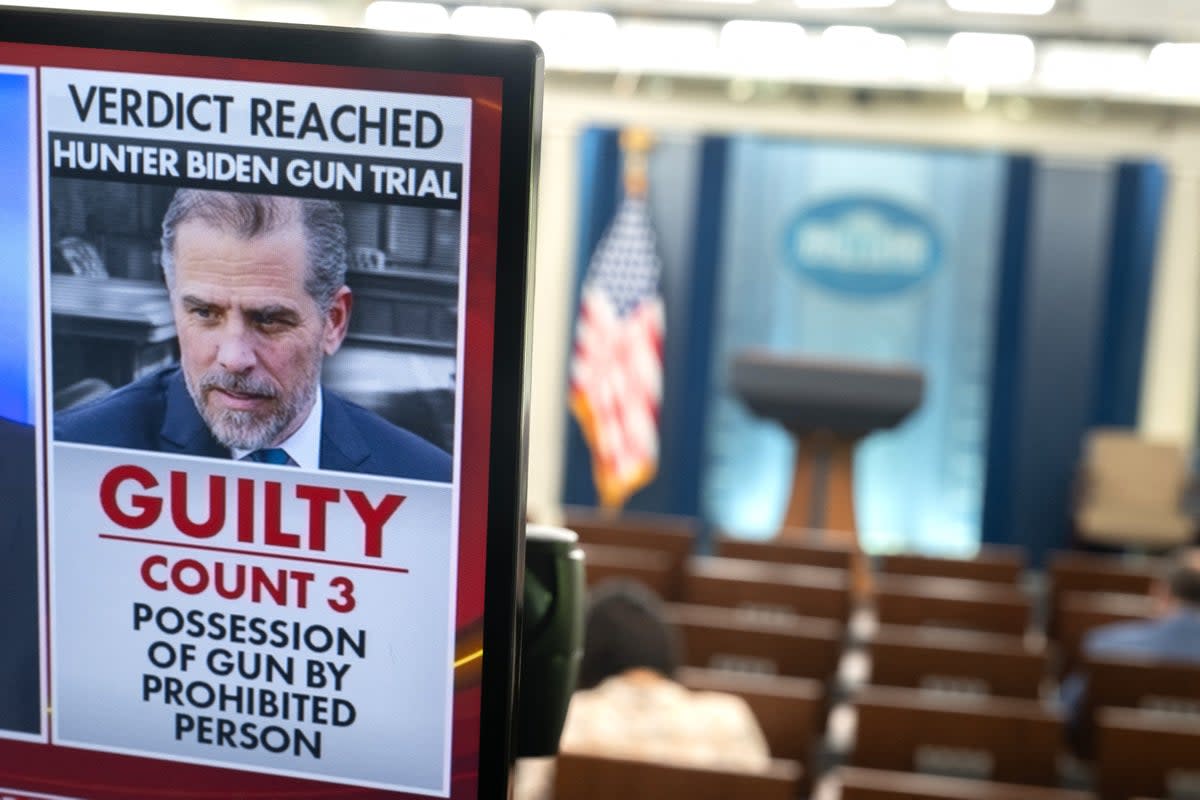A television monitor shows the verdict in the Hunter Biden trial in the Brady Press Briefing Room of the White House in Washington, DC, June 11, 2024 (AFP via Getty Images)
