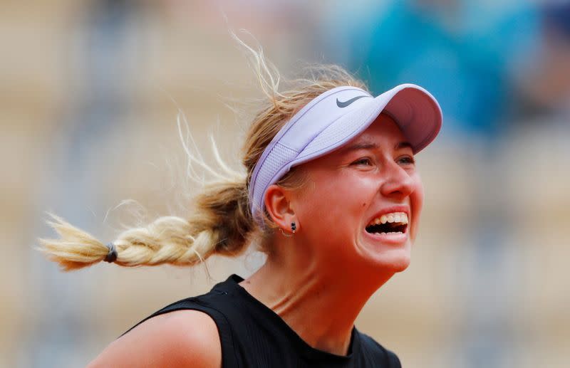 FILE PHOTO:Russia's Anastasia Potapova celebrates defeating Germany's Angelique Kerber 6-4 6-2 on Court Philippe Chatrier in the first round of the French Open.