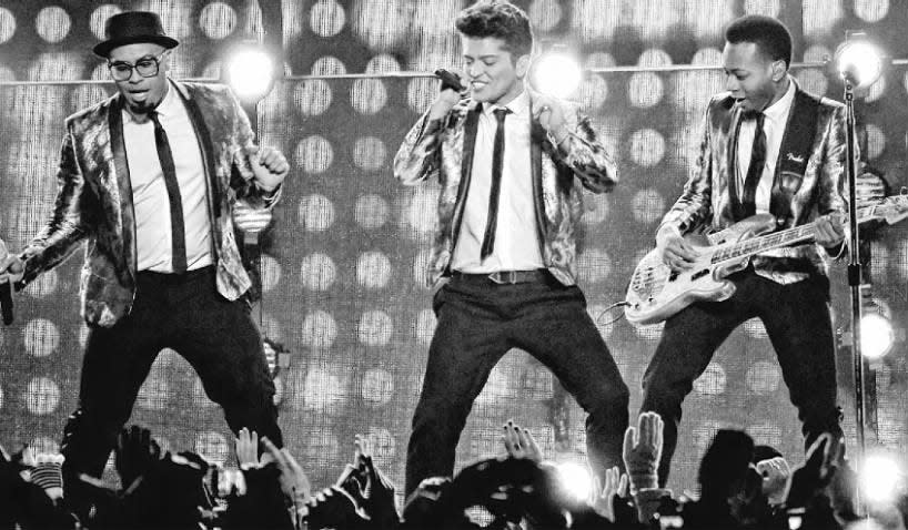 Bruno Mars performs during the Pepsi Super Bowl XLVIII Halftime Show at MetLife Stadium in East Rutherford.