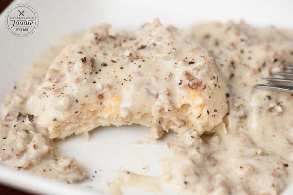 <p>Self Proclaimed Foodie</p><p>There's nothing like homemade gravy covering a warm, fluffy biscuit.</p><p><strong>Get The Recipe: <a href="https://selfproclaimedfoodie.com/country-sausage-gravy/" rel="nofollow noopener" target="_blank" data-ylk="slk:Country Sausage Gravy;elm:context_link;itc:0;sec:content-canvas" class="link ">Country Sausage Gravy</a></strong></p><p><strong>Related: <a href="https://parade.com/1000411/kristamarshall/easy-breakfast-dishes-and-recipes/" rel="nofollow noopener" target="_blank" data-ylk="slk:75 Family-Friendly Breakfast Ideas;elm:context_link;itc:0;sec:content-canvas" class="link ">75 Family-Friendly Breakfast Ideas</a></strong></p>