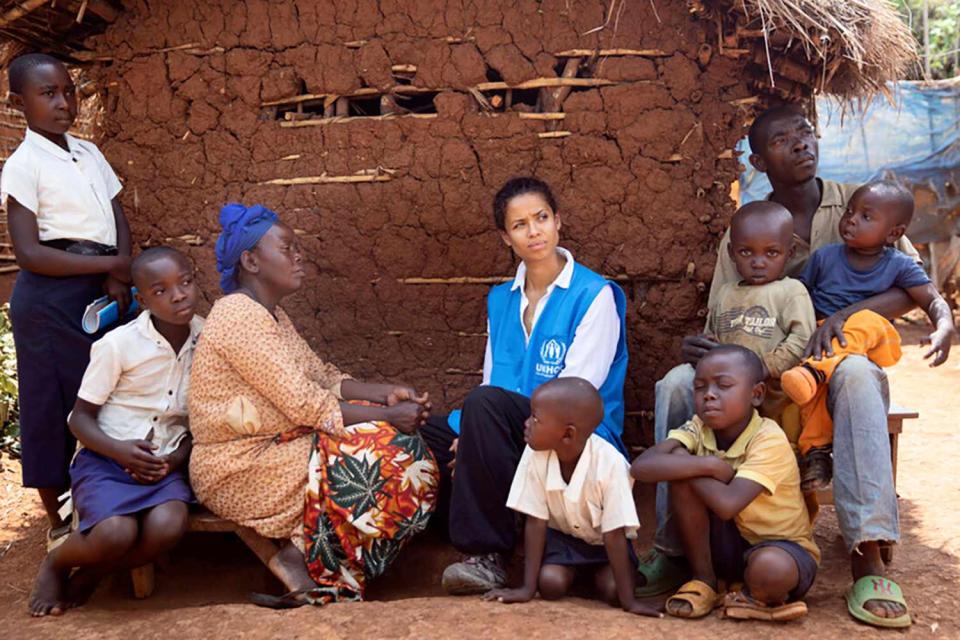 <p>UNHCR/Caroline Irby</p> UNHCR Goodwill Ambassador Gugu Mbatha-Raw visits the home of Vicky and her family, who live in a resettlement site in Kalehe and have just received a distribution of NFIs (non-food items) from UNHCR.