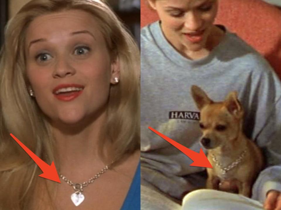 red arrows pointing to elle and bruisers matching tiffany necklaces in scenes from legally blonde