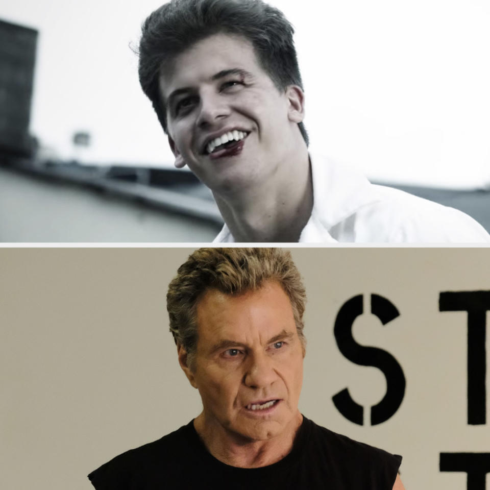 Top: Young man smiling outdoors. Bottom: Older man wearing sleeveless black shirt, looking serious