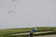 Mackenzie Hughes, of Canada, hits from the sand trap on the fourth fairway during the final round of the U.S. Open Golf Championship, Sunday, June 20, 2021, at Torrey Pines Golf Course in San Diego. (AP Photo/Gregory Bull)