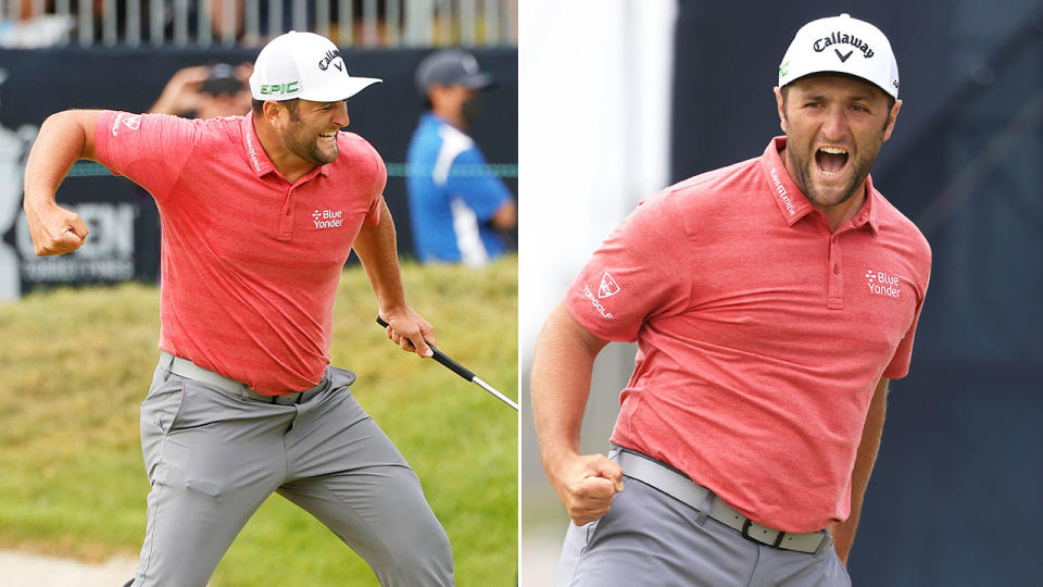 Seen here, Jon Rahm celebrates after nailing a clutch birdie putt on 18.