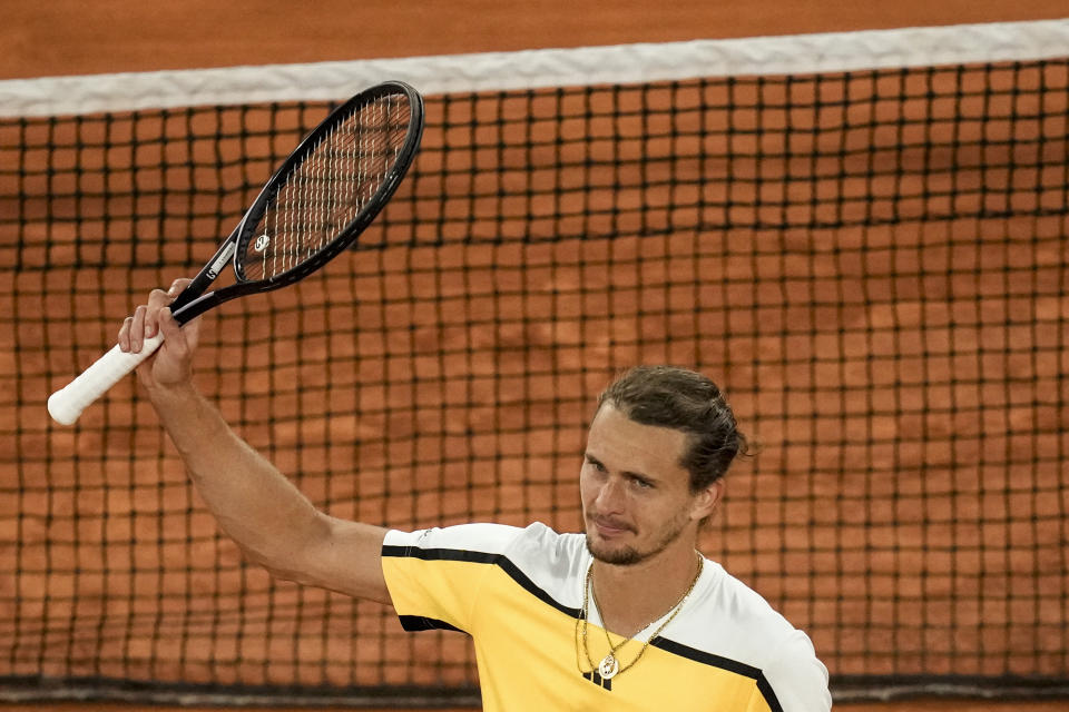 Germany's Alexander Zverev celebrates winning his semifinal match of the French Open tennis tournament against Norway's Casper Ruud at the Roland Garros stadium in Paris, Friday, June 7, 2024. (AP Photo/Christophe Ena)