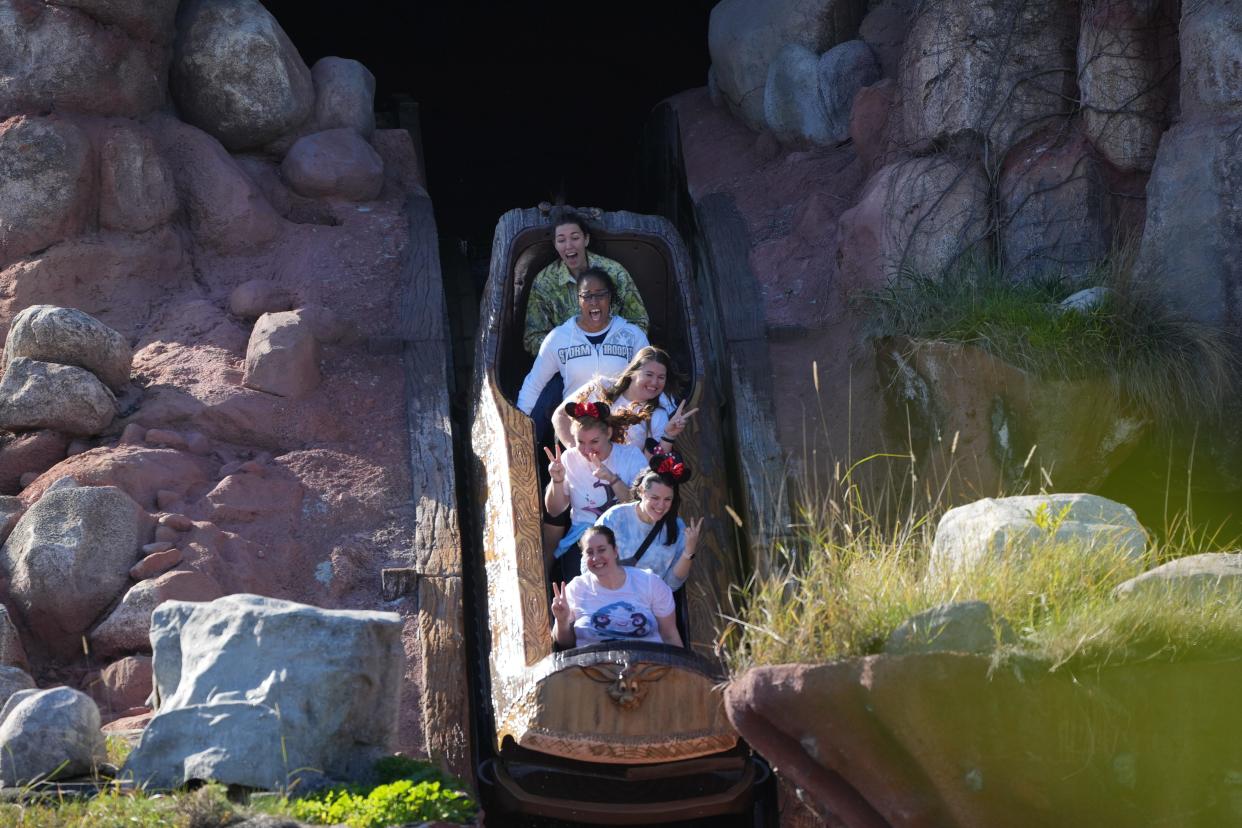 Guests ride Splash Mountain at Disneyland on Jan. 26, 2023. The ride, which opened in 1989, closed in 2023 to make way for Tiana’s Bayou Adventure. (Credit: Sandy Hooper, USA TODAY)