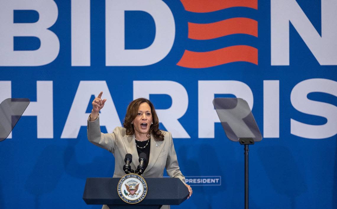 Vice President Kamala Harris delivers remarks during a campaign stop at Westover High School on Thursday, July 18, 2024 in Fayetteville, N.C.