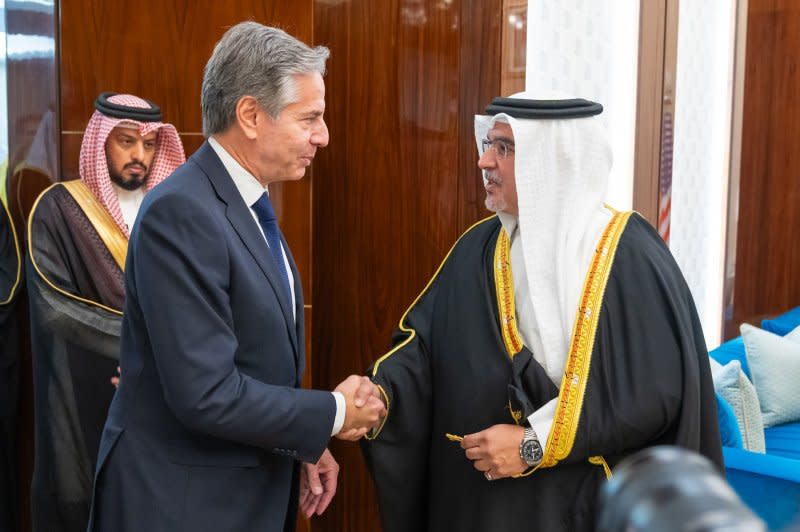 U.S. Secretary of State Antony Blinken meets with Bahrain's Prime Minister, Crown Prince Salman Bin Hamed al-Khalifa, in Manama in Bahrain on Friday. Photo by Bahrain News Agency