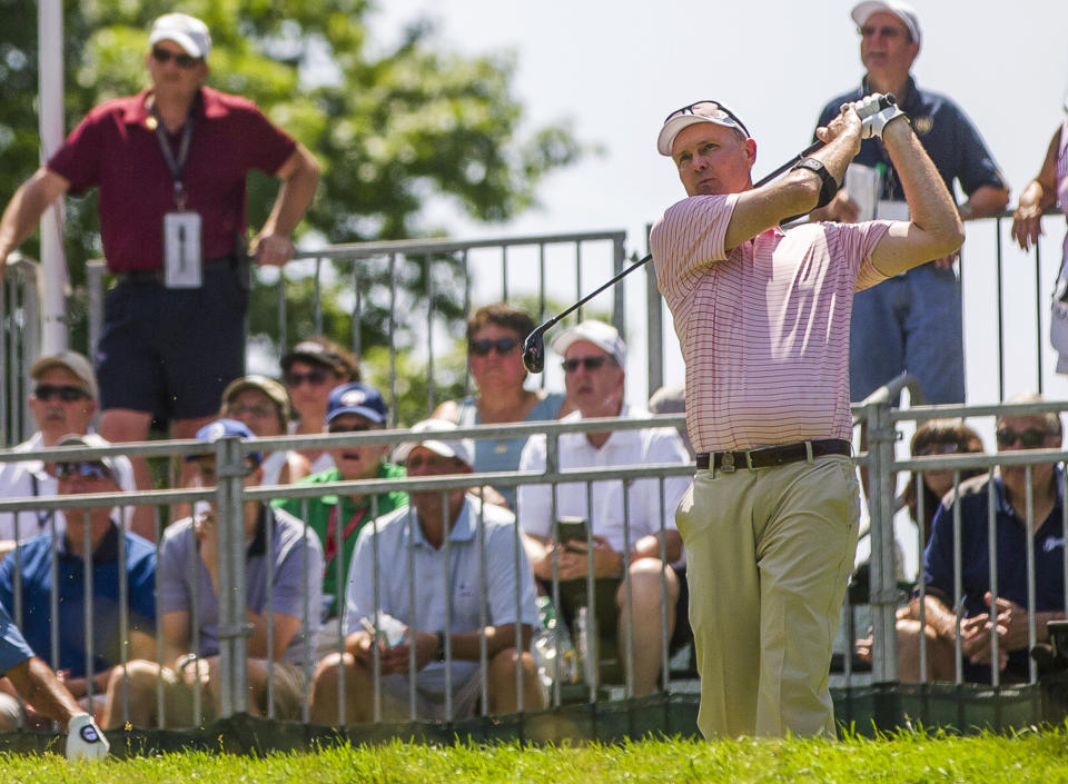 Bob Estes watches his drive off the first tee during the third round of the U.S. Senior Open golf tournament Saturday, June 29, 2019, at Warren Golf Course in South Bend, Ind. (Robert Franklin/South Bend Tribune via AP)