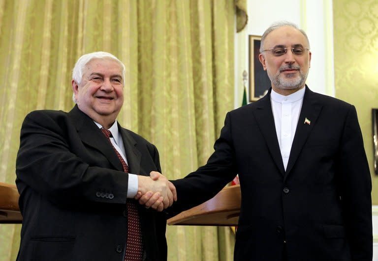 Iranian Foreign Minister Ali Akbar Salehi (right) shakes hands with his Syrian counterpart Walid al-Muallem ahead of a press conference in Tehran, on March 2, 2013. Salehi says Syrian President Bashar al-Assad will take part in Syria's next presidential election in 2014