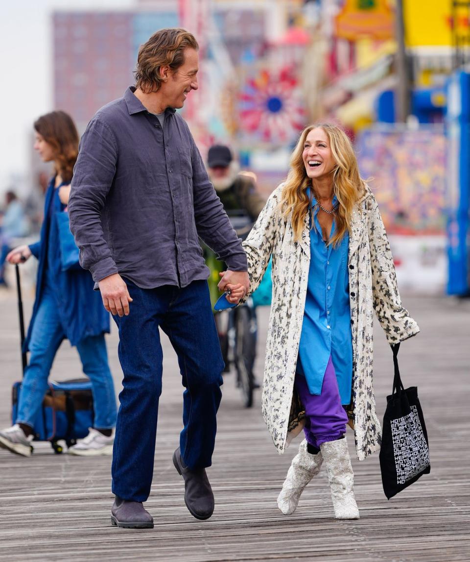 new york, new york february 21 john corbett and sarah jessica parker film a scene for and just like that on the coney island boardwalk on february 21, 2023 in new york city photo by gothamgc images