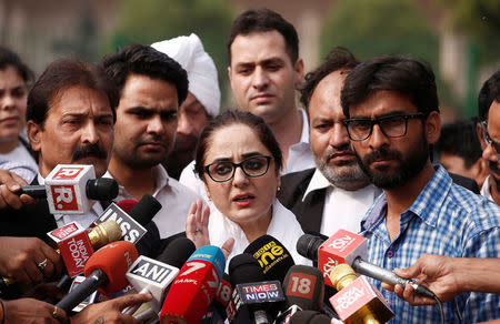 Deepika Singh Rajawat, lawyer of Kathua rape case victim, talks to media after filling a petition in the Supreme Court in New Delhi, India, April 16, 2018. REUTERS/Adnan Abidi