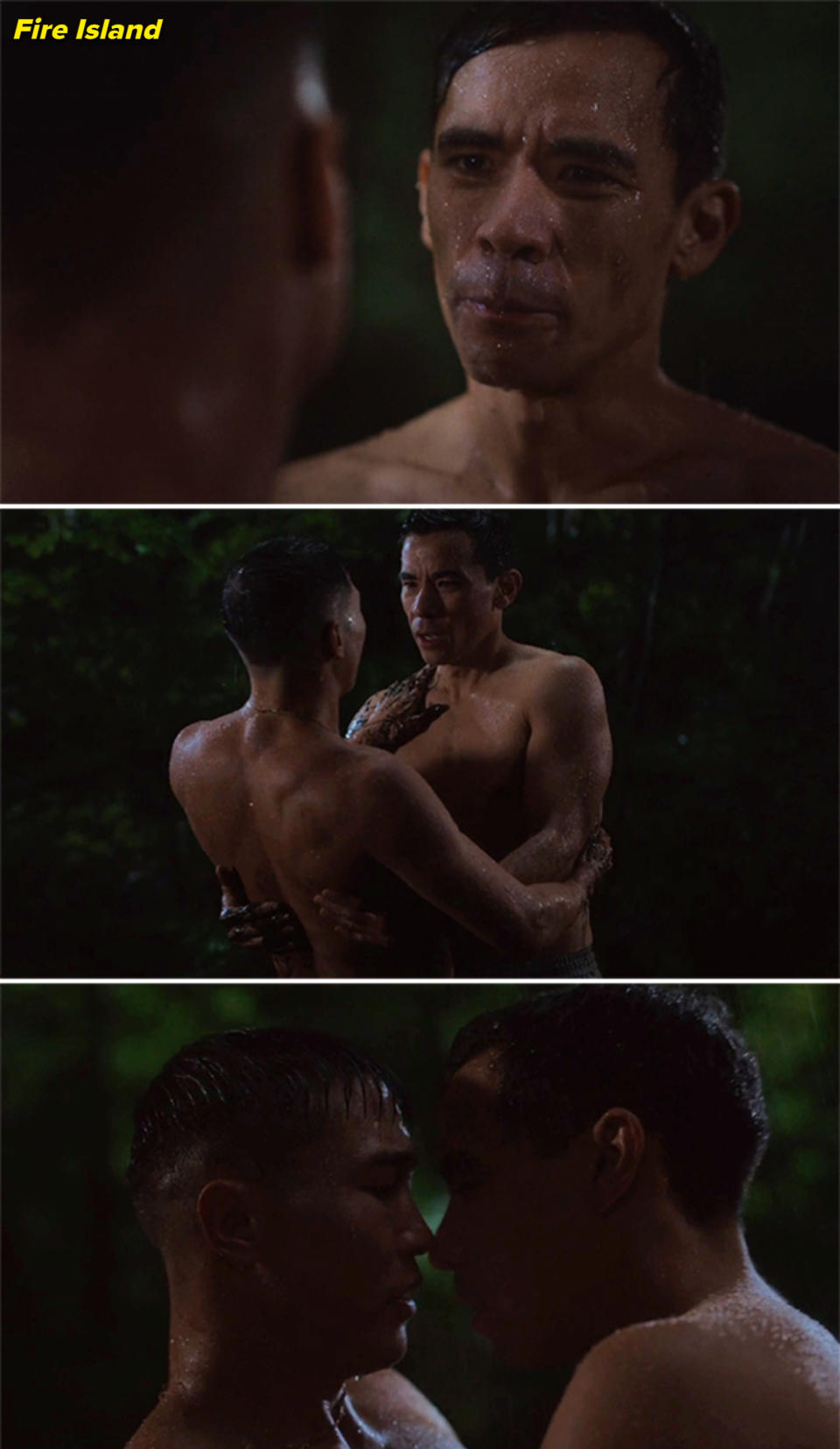 Three panels show two shirtless men – Joel Kim Booster and Conrad Ricamora – standing in the rain, sharing an intimate moment. In the final panel, they lean in for a kiss in "Fire Island"