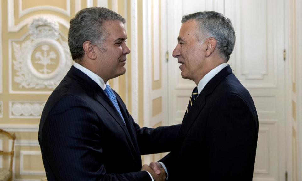 The Colombian president, Ivan Duque, left, with Philip Goldberg, the US ambassador to Bogotá.