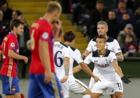 Soccer Football - CSKA Moscow v Tottenham Hotspur - UEFA Champions League Group Stage - Group E - CSKA Stadium, Moscow, Russia - 27/9/16 Tottenham's Son Heung-min celebrates scoring their first goal with Erik Lamela Reuters / Maxim Zmeyev Livepic