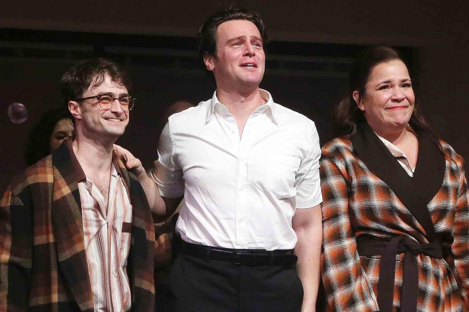 <p>Bruce Glikas/WireImage</p> Daniel Radcliffe, Jonathan Groff, and Lindsay Mendez during the opening night curtain call for Stephen Sondheim