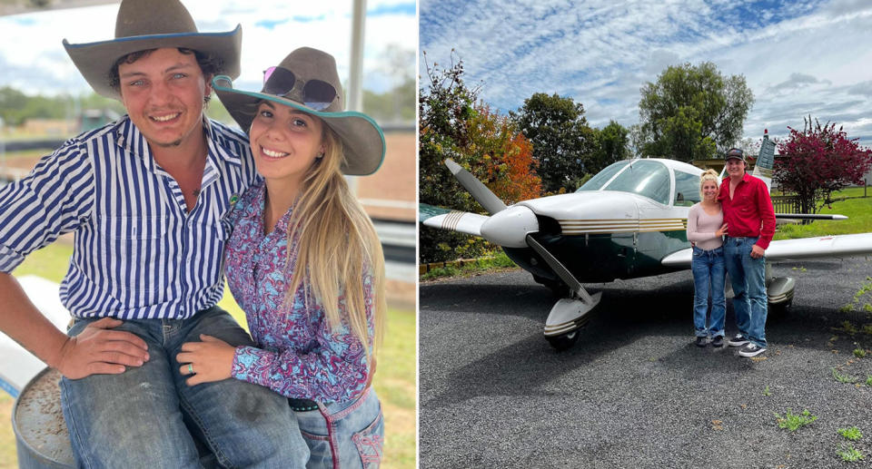 Queensland couple Rhiley Kuhrt and his pregnant wife Maree Kuhrt next to their plane that crashed.