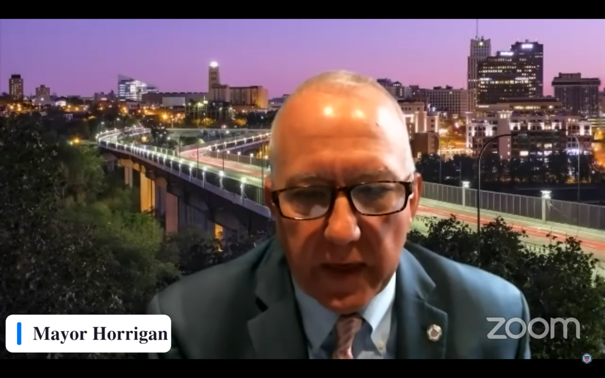 Akron Mayor Dan Horrigan speaks during a daily briefing about the police shooting of Jayland Walker on Monday, July 11, 2022.